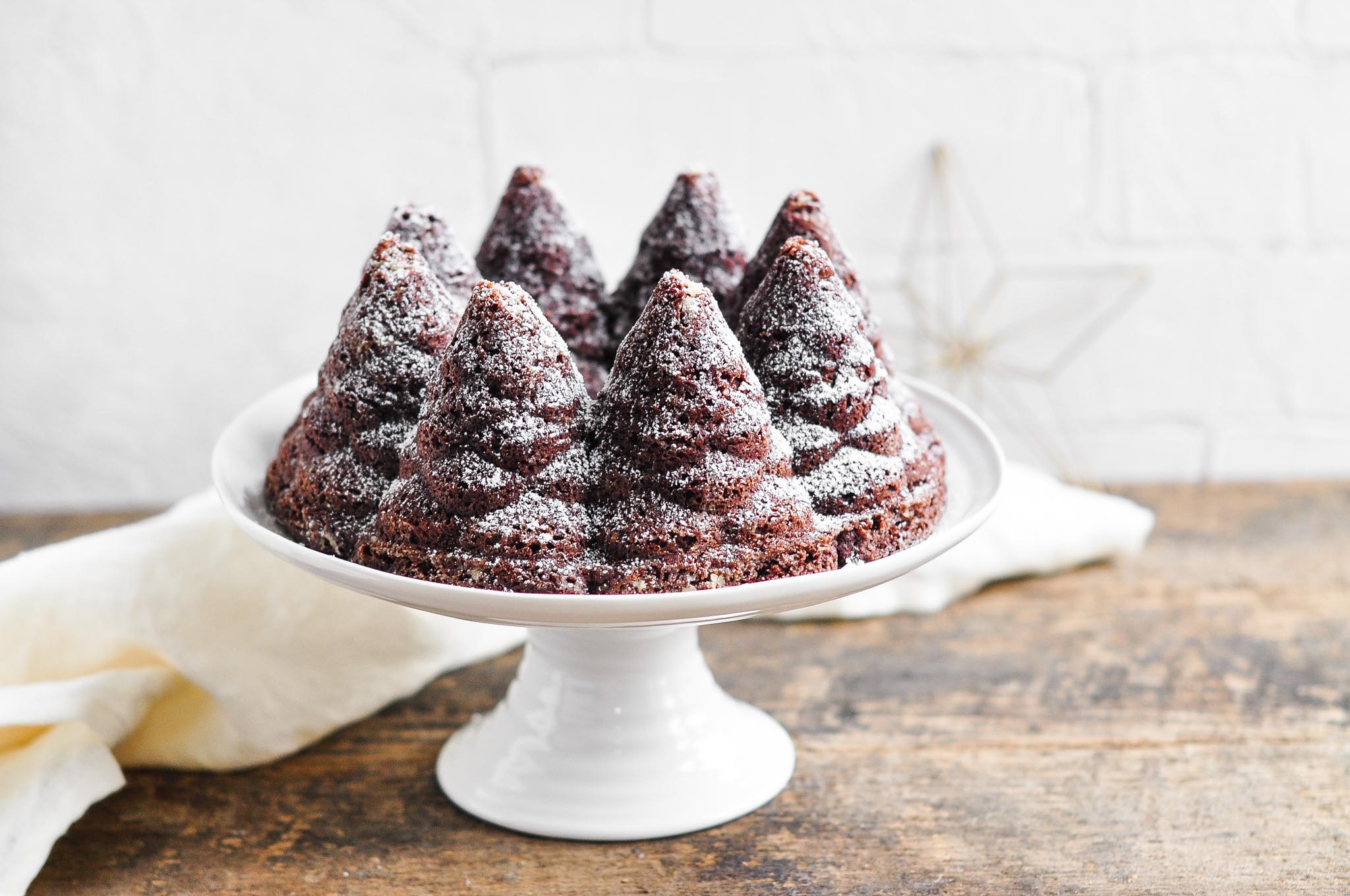 chocolate gingerbread bundt cake on cake stand