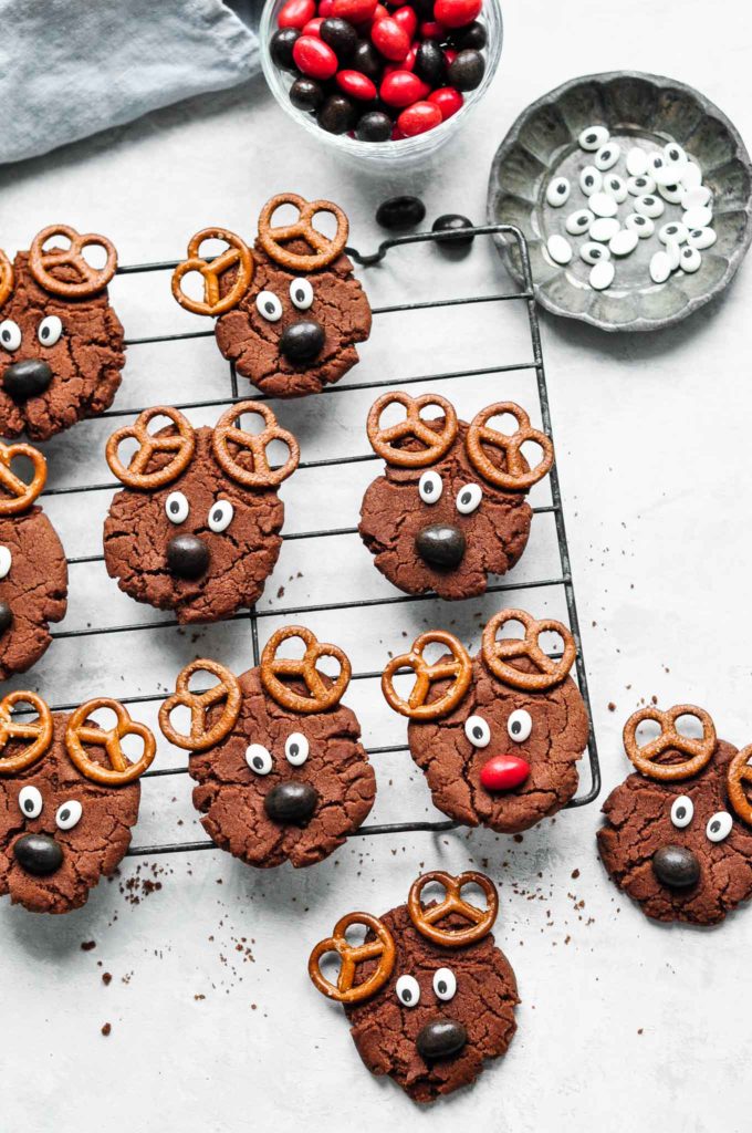 reindeer cookies with chocolate coated peanuts