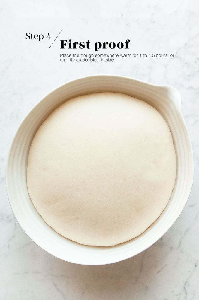 risen dough for easter buns in white bowl