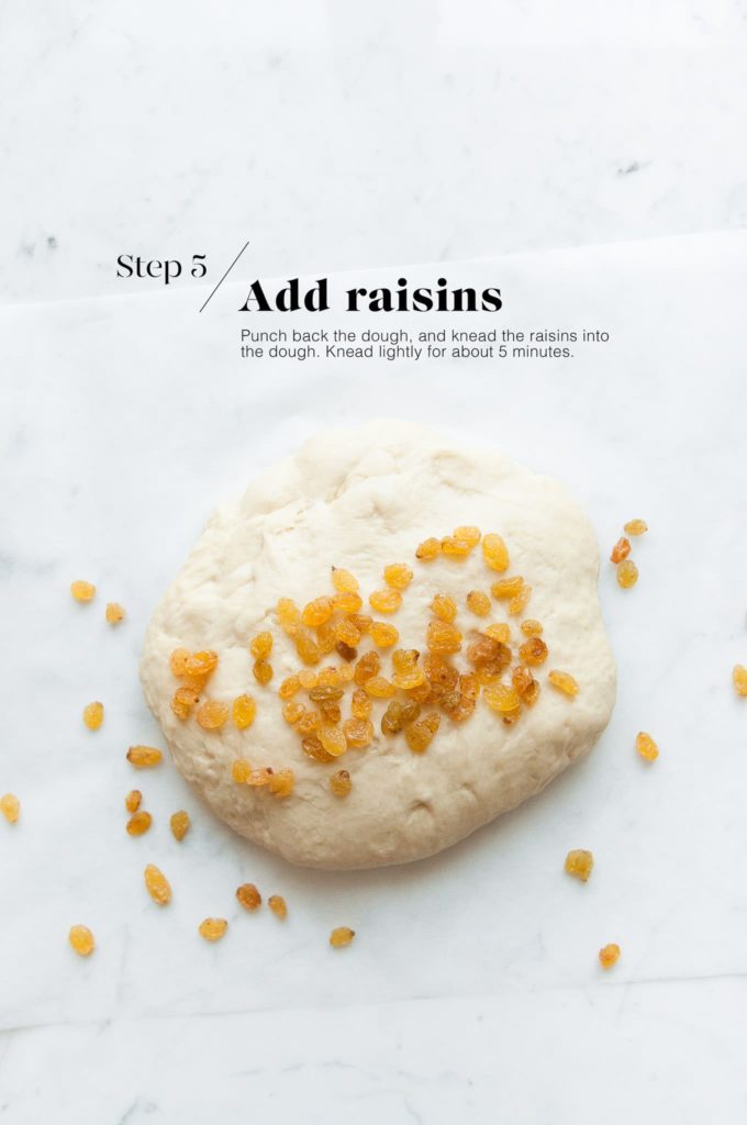 dough for easter buns with golden raisins