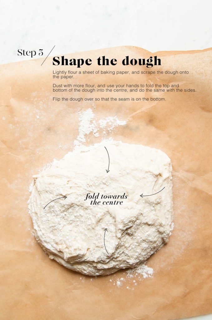 bread dough for no-knead bread on baking paper