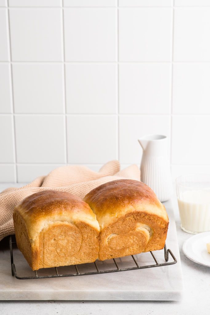 Japanese Milk Bread loaf on wire rack