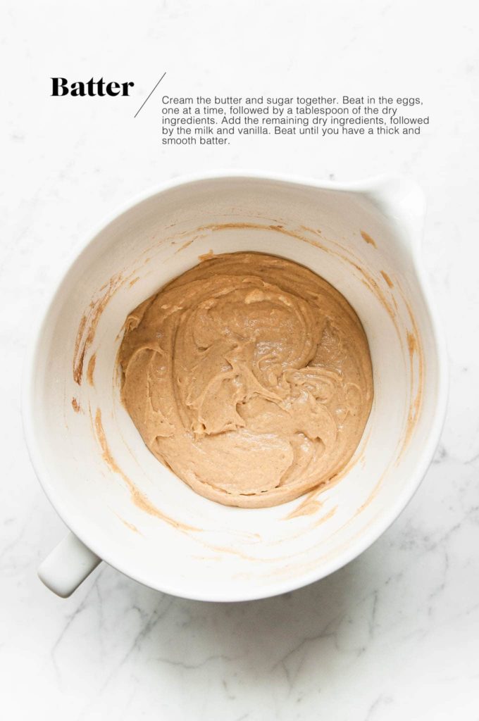 cake batter for gingerbread cake in white mixing bowl