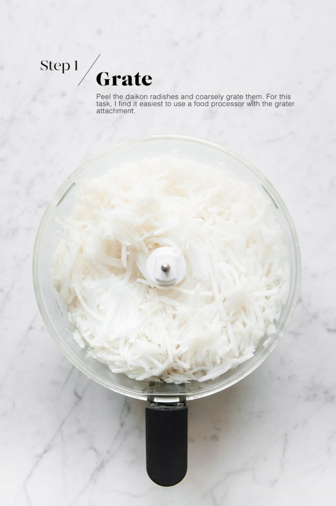 grated daikon radish in food processor bowl