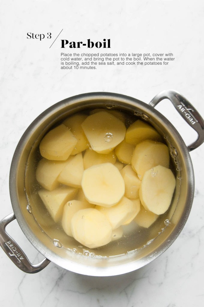 chopped potatoes in pot with water
