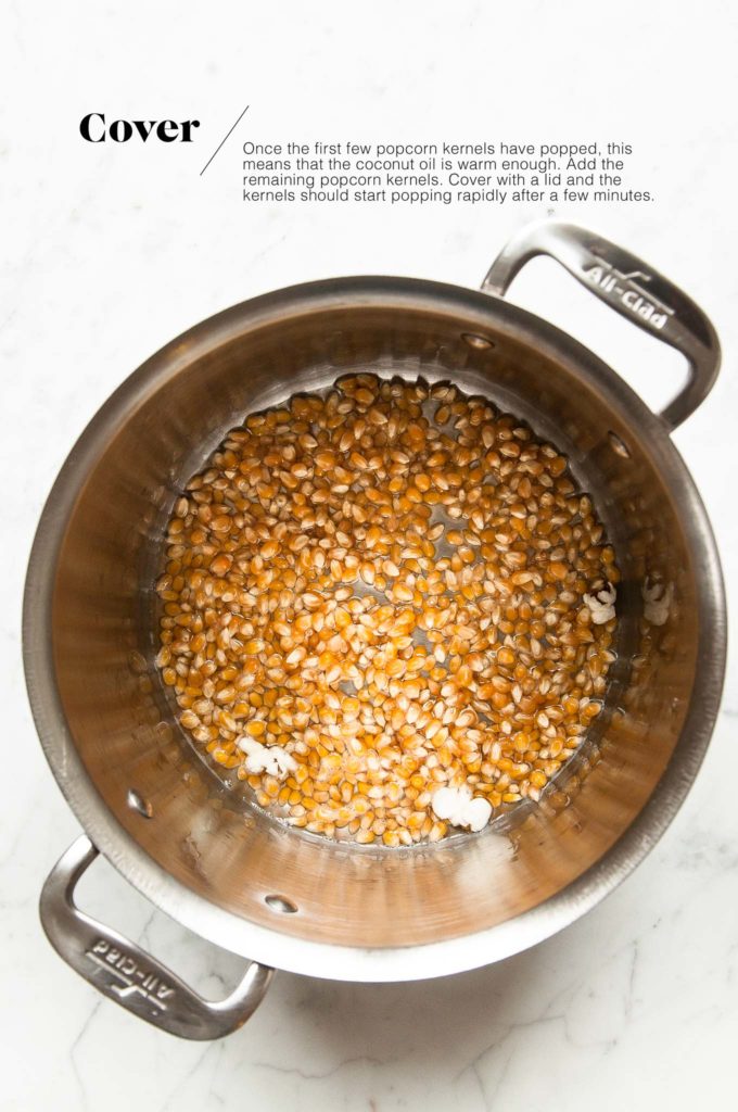 popcorn kernels in pan with coconut oil