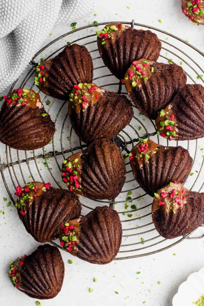chocolate madeleines dipped in melted chocolate