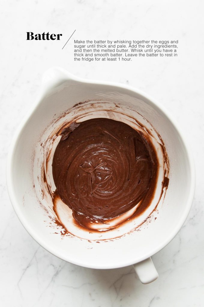 chocolate madeleine batter in white mixing bowl