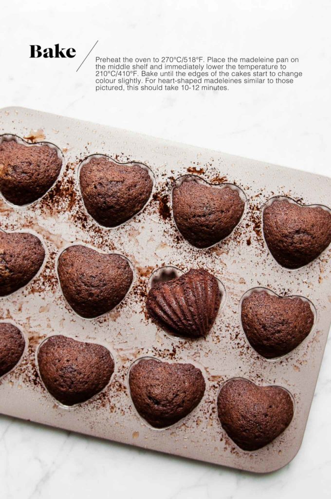 baked chocolate heart madeleines in baking tray