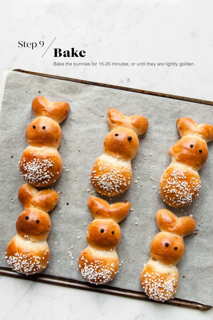 baked zopfhasen or easter bunny rolls on baking sheet