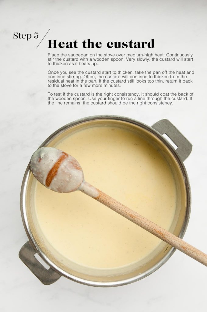 thickened custard in saucepan with wooden spoon