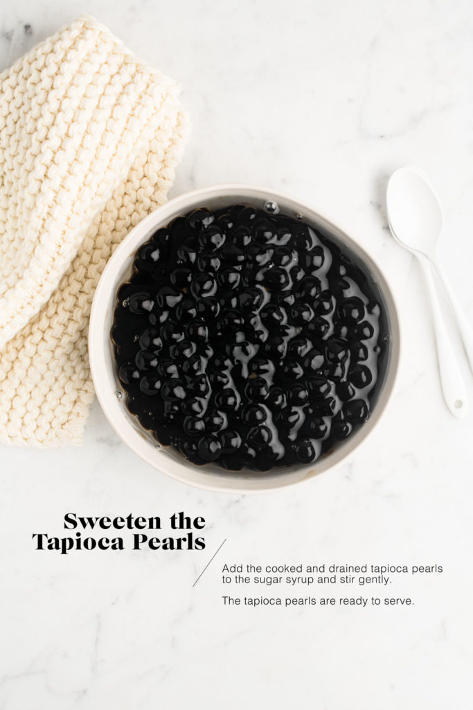 bowl with cooked tapioca pearls in simple syrup