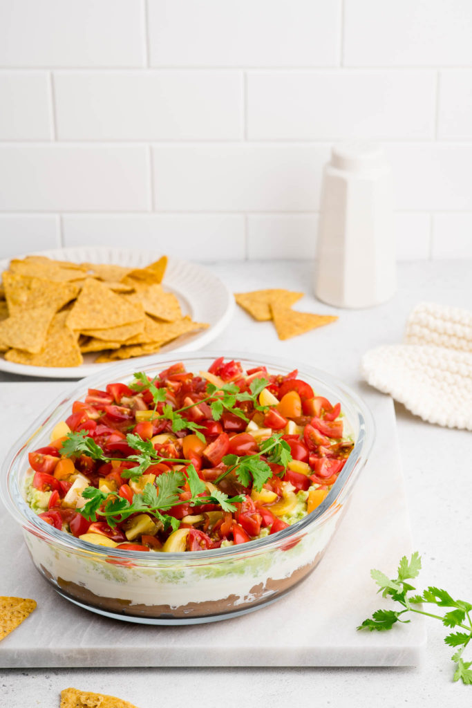 mexican layer dip with tortilla chips
