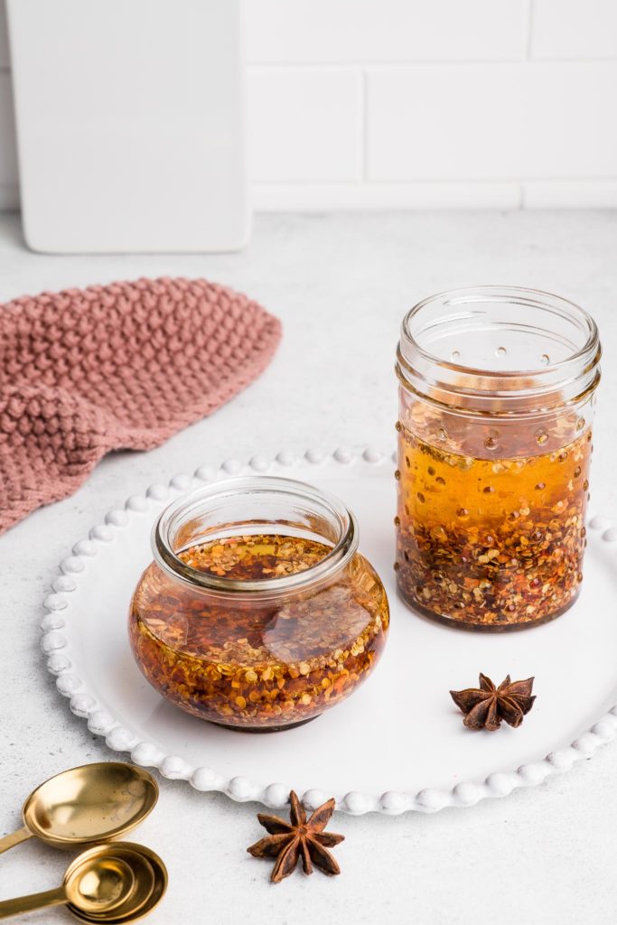 chilli oil in glass jars with star anise