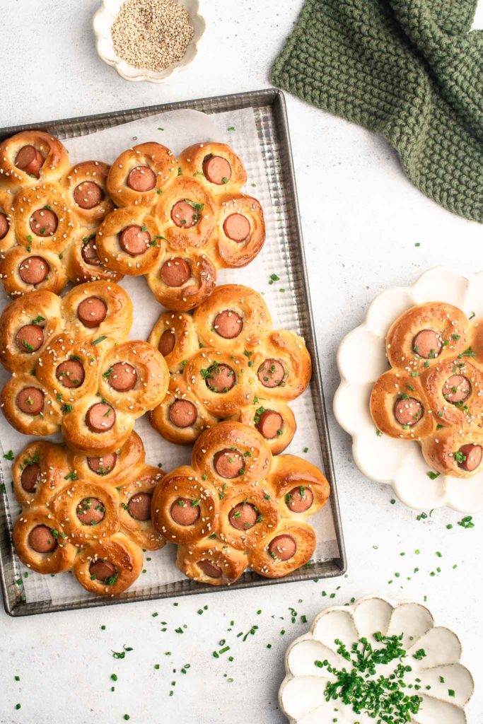 hot dog flower buns on baking tray