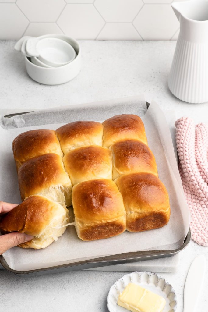 japanese milk buns pulled apart on tray