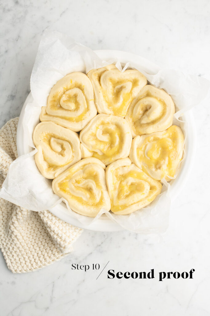 lemon curd rolls in white baking dish before baking