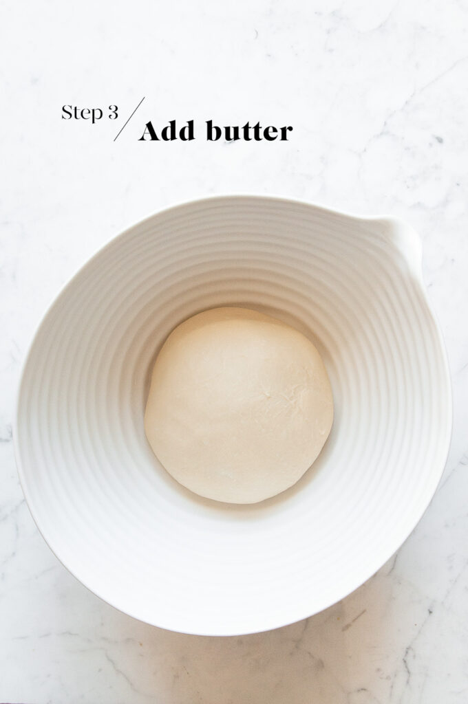 proofing dough in white mixing bowl