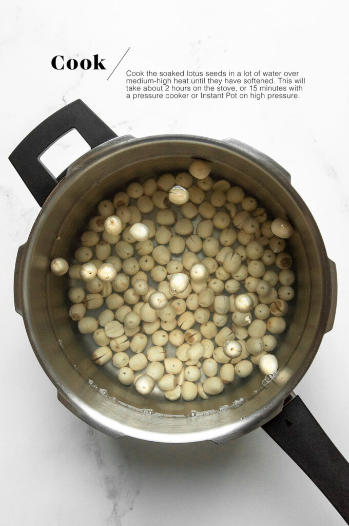 cooking dried lotus seeds in a pot of water