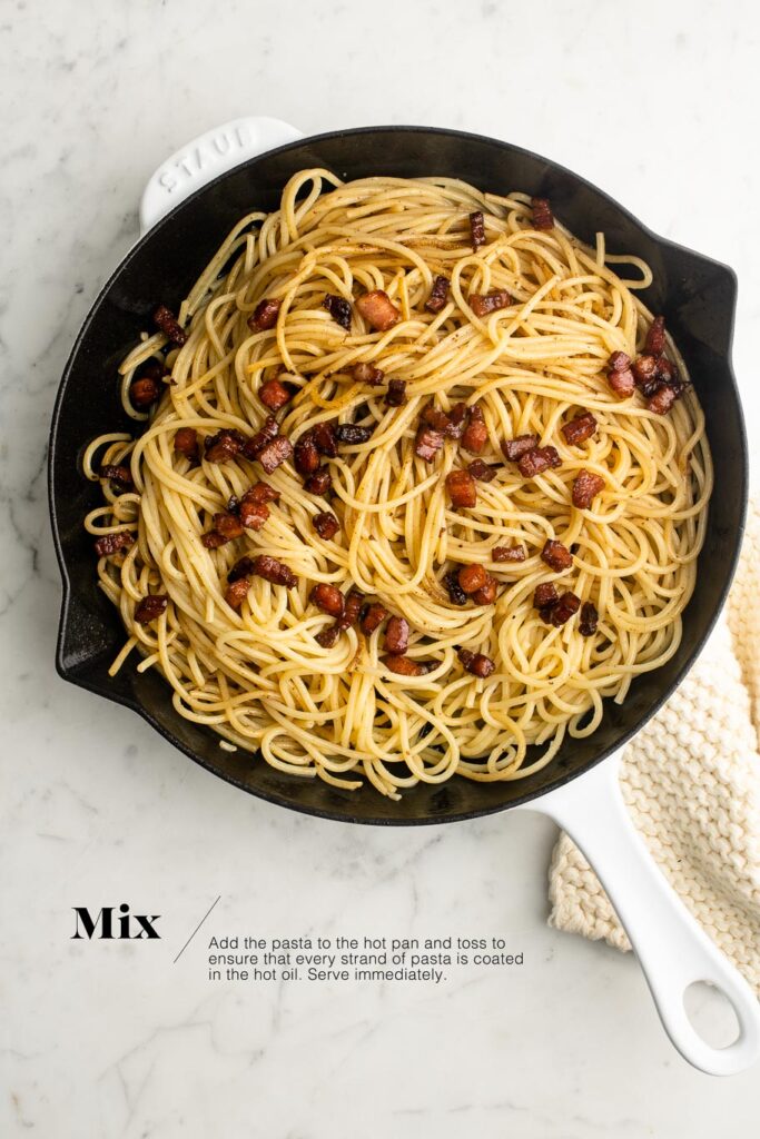 spaghetti with pancetta in skillet