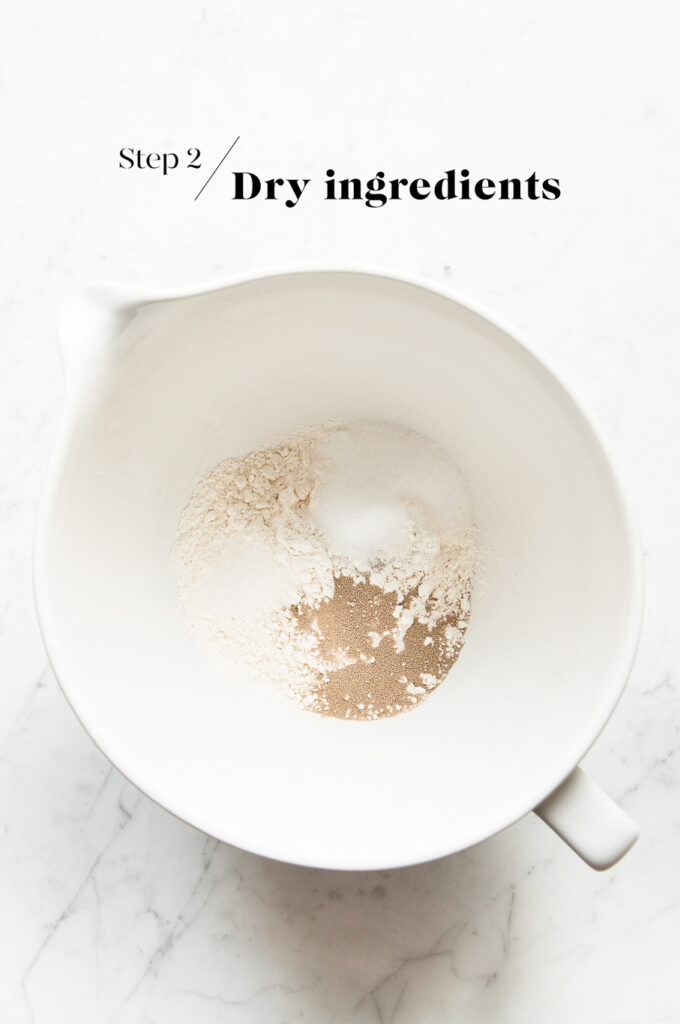 dry ingredients in white mixing bowl
