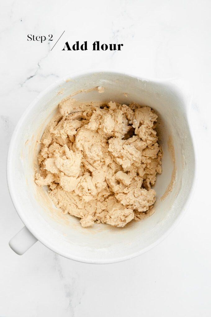 cookie dough in white mixing bowl