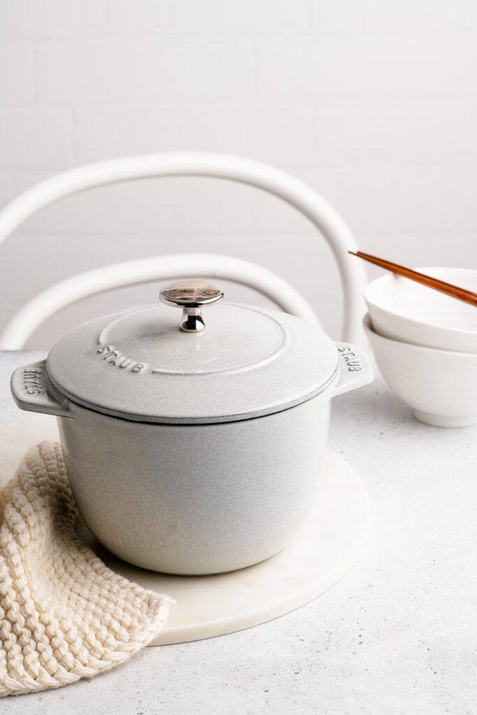 grey Staub rice cocotte on table
