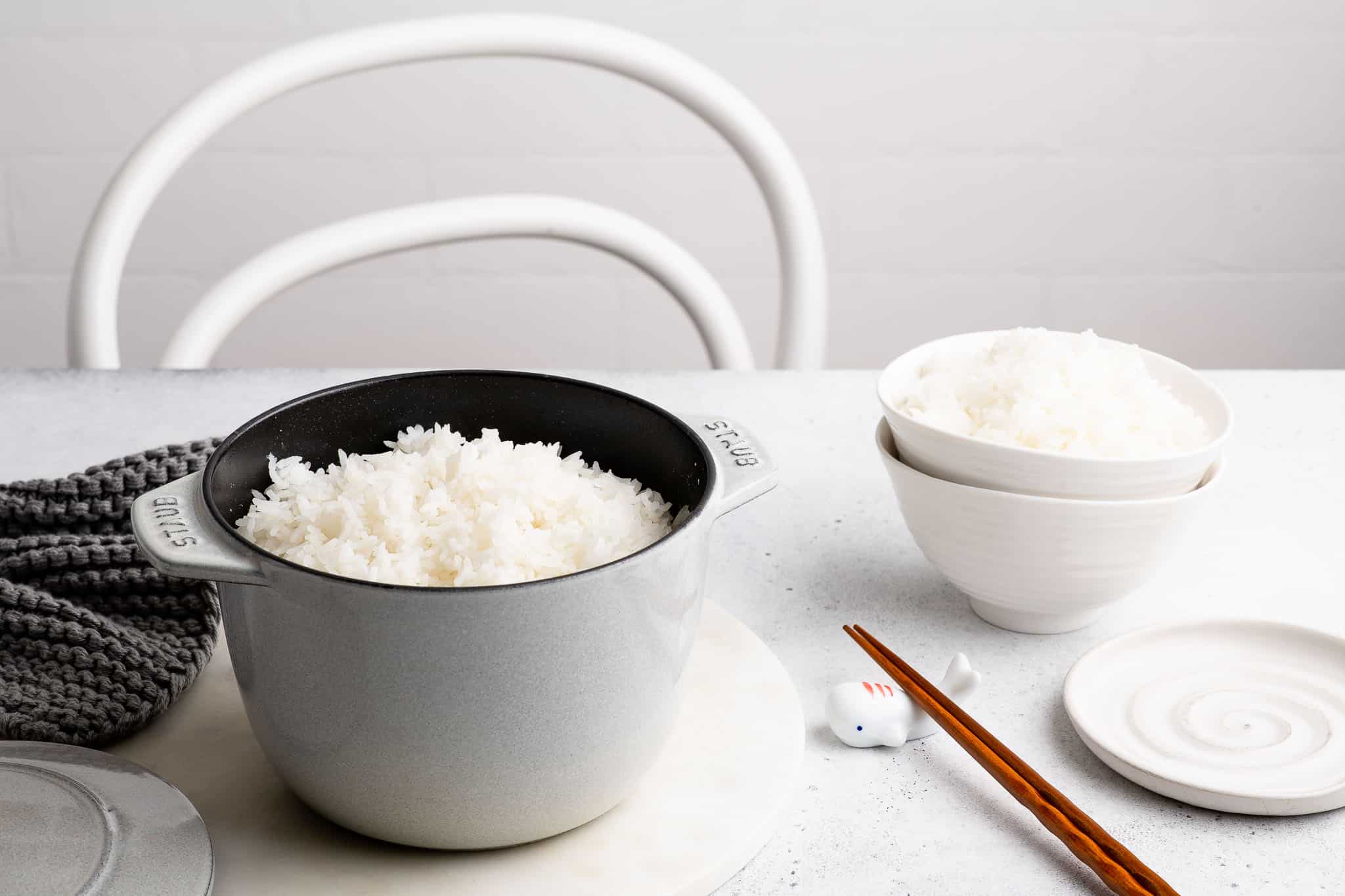 grey Staub rice cocotte with steamed rice