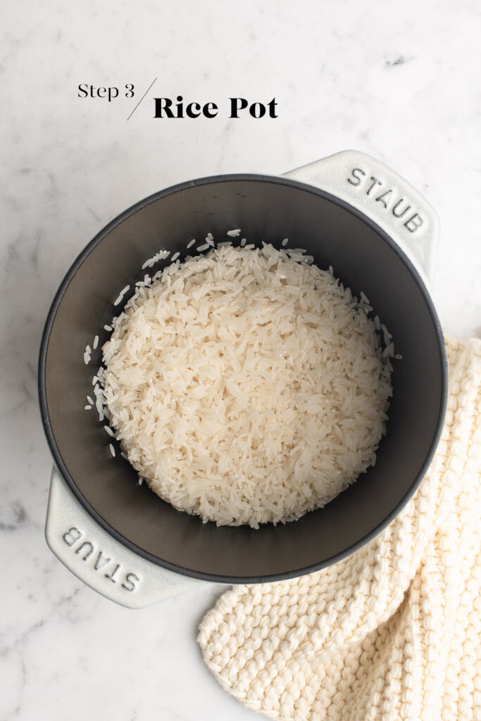 rinsed rice in pot