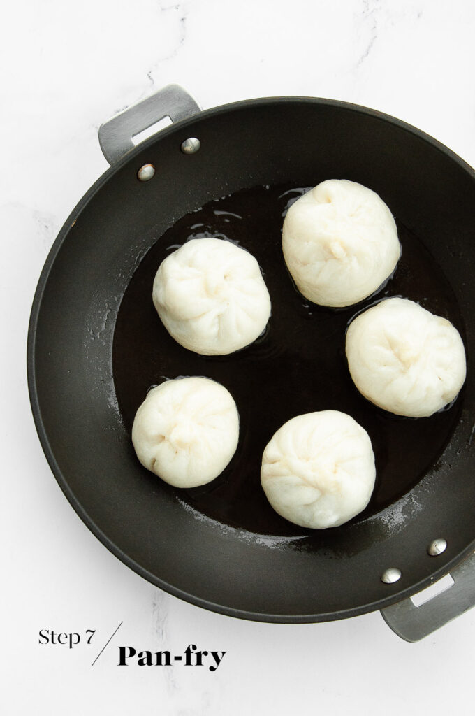 pan-frying bao buns in non-stick pan