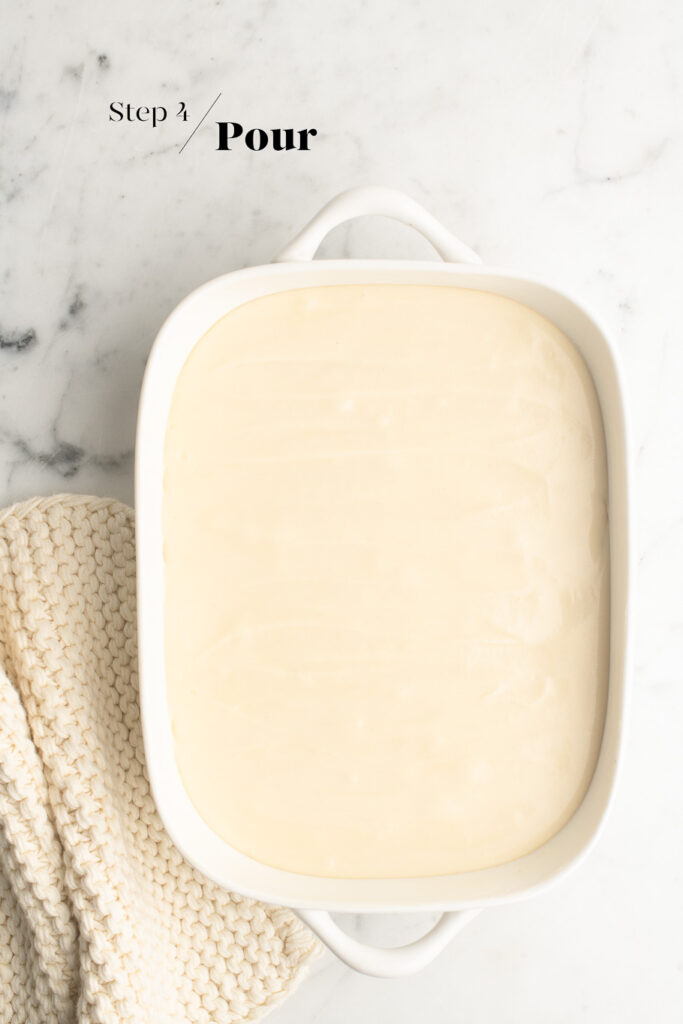batter for butter mochi in white baking dish