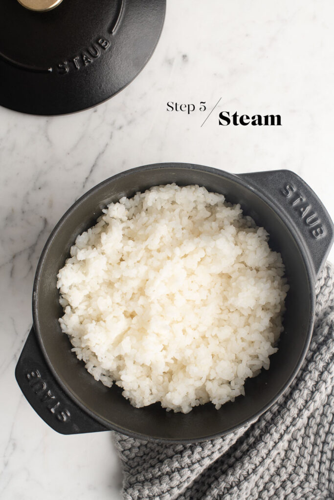 steamed sushi rice in staub pot