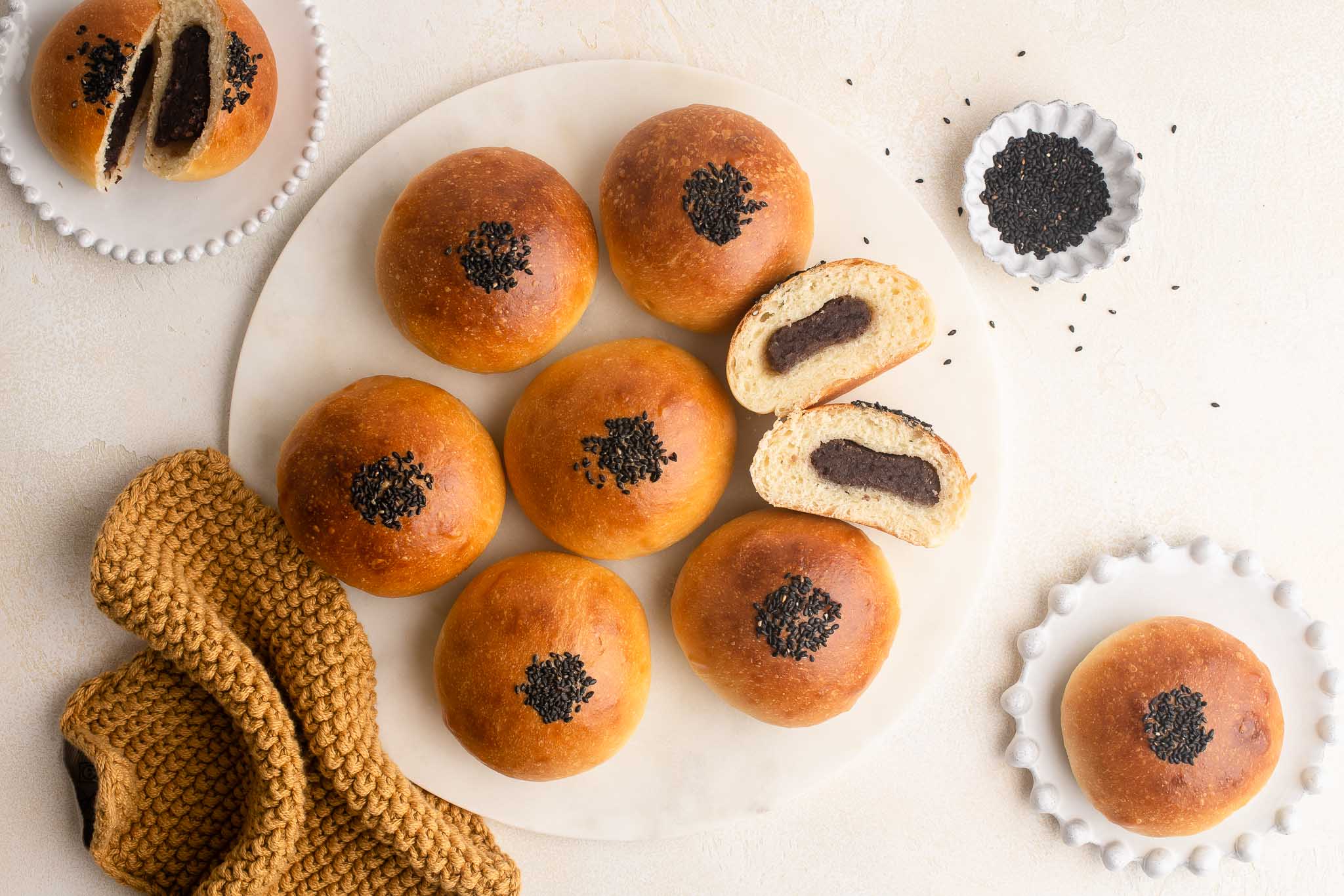 red bean buns (anpan) on marble tray