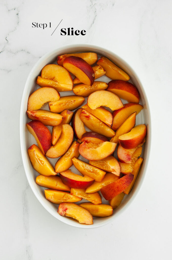 peach slices in baking dish