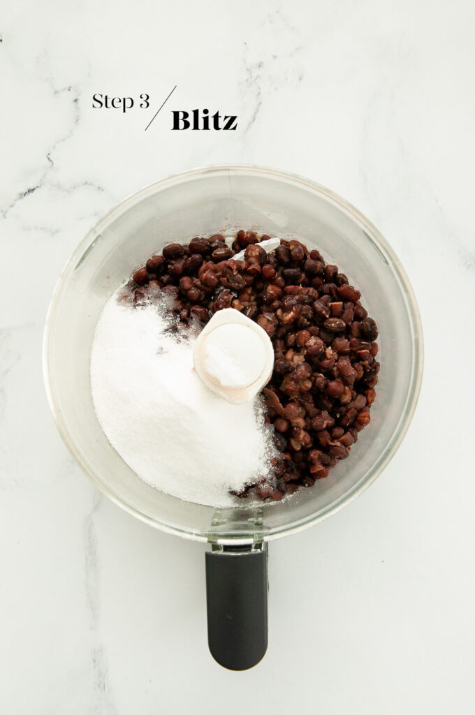 cooked azuki beans with sugar in food processo