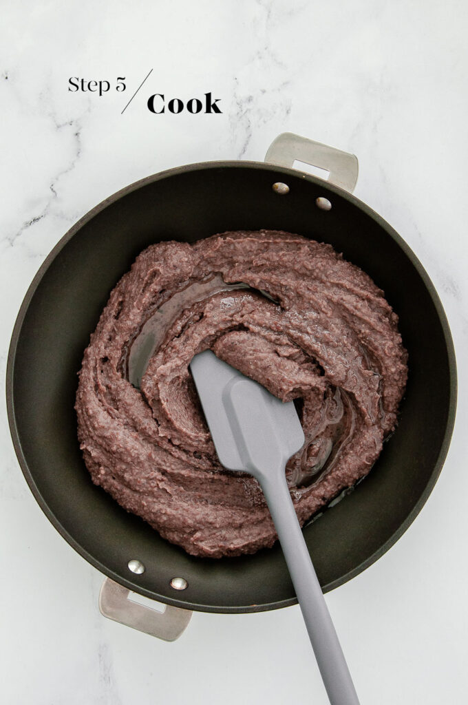 cooking red bean paste in non-stick pan