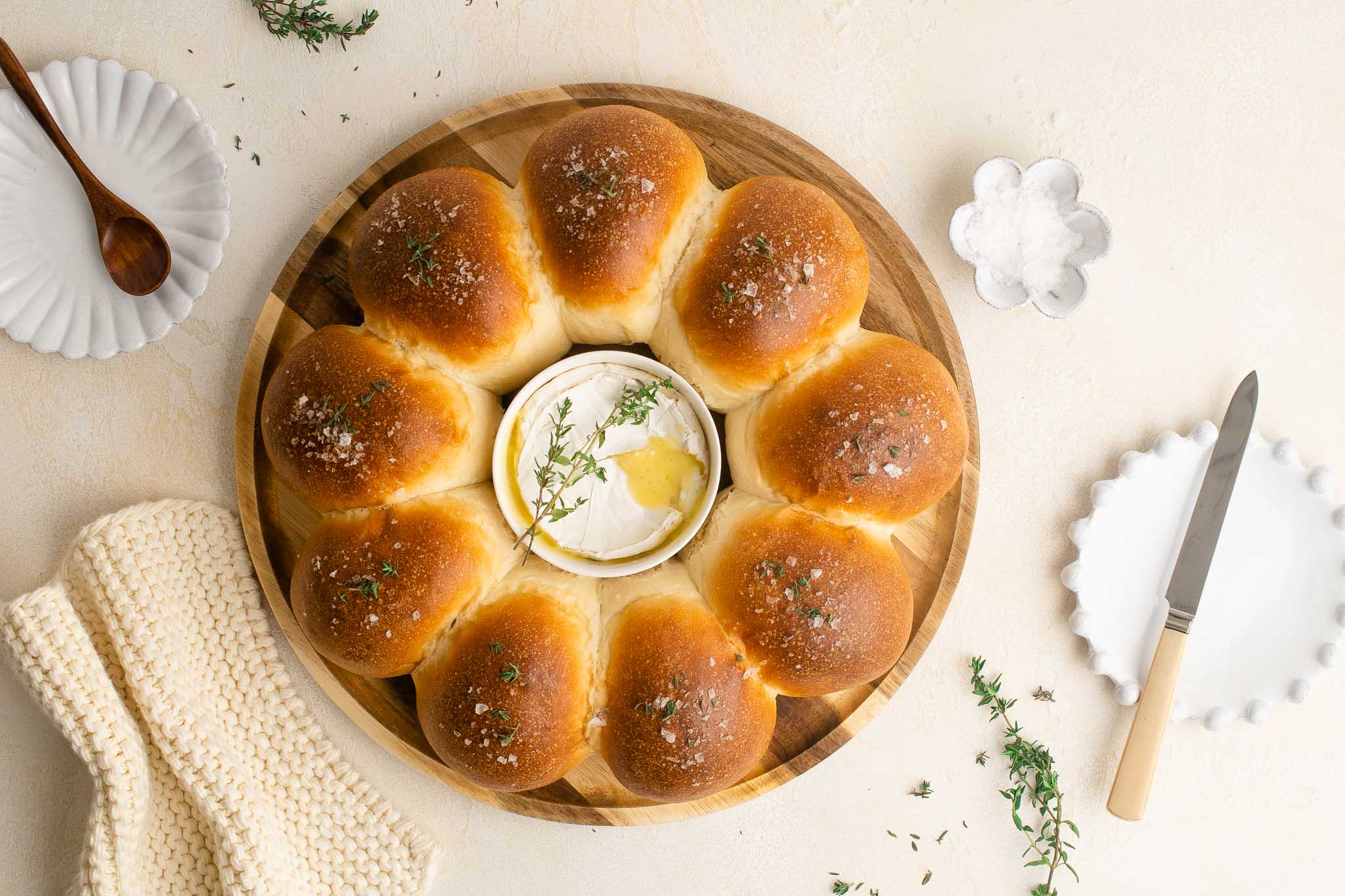 baked camembert bread rolls with fresh thyme