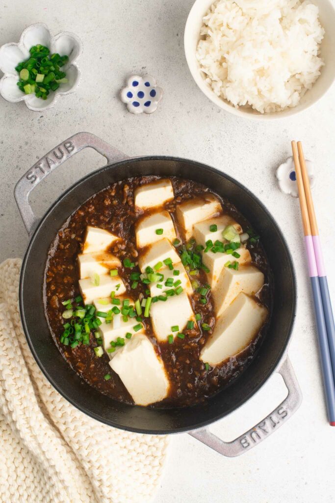 mapo tofu with silken tofu in cast iron pan