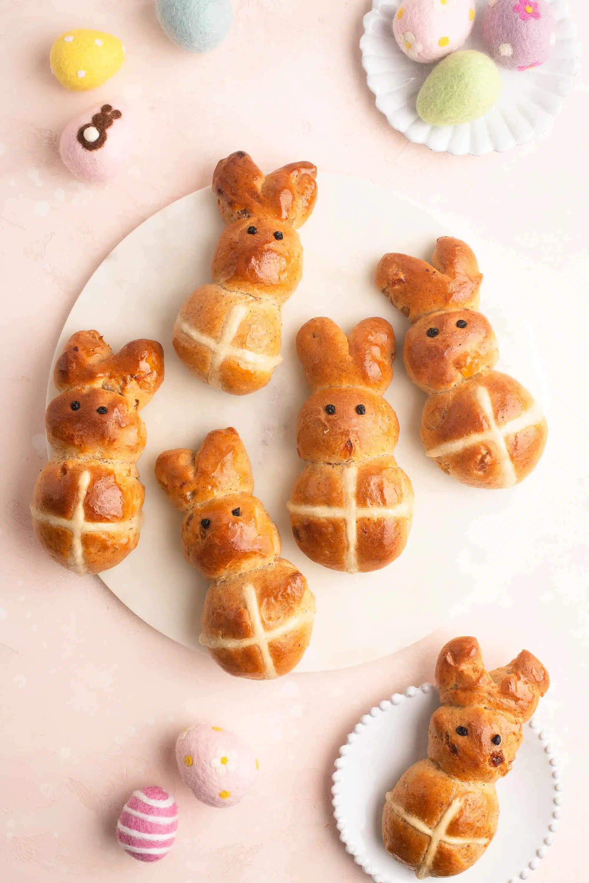 hot cross bunnies on plate with felt eggs