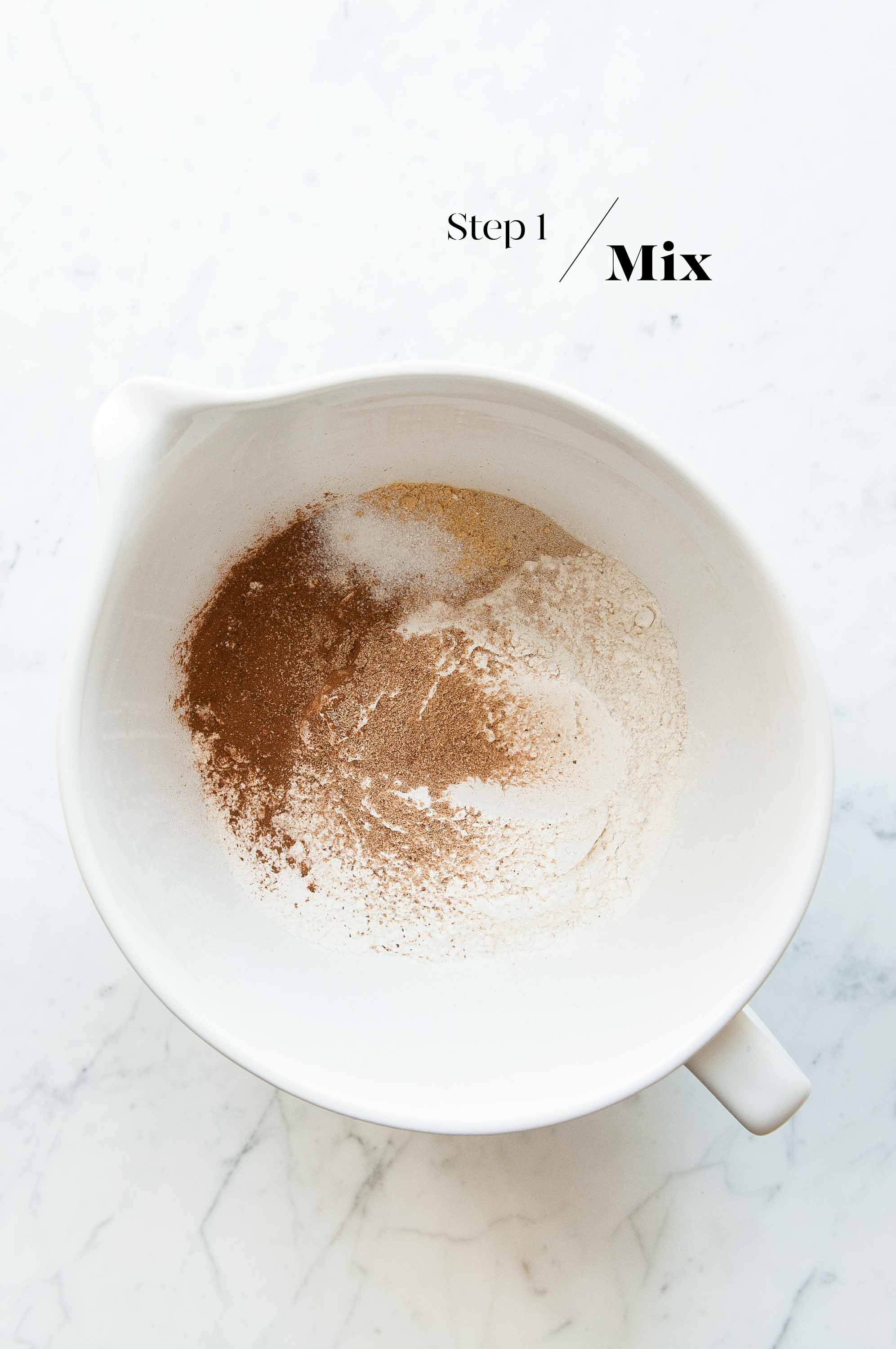 dry ingredients in white mixing bowl