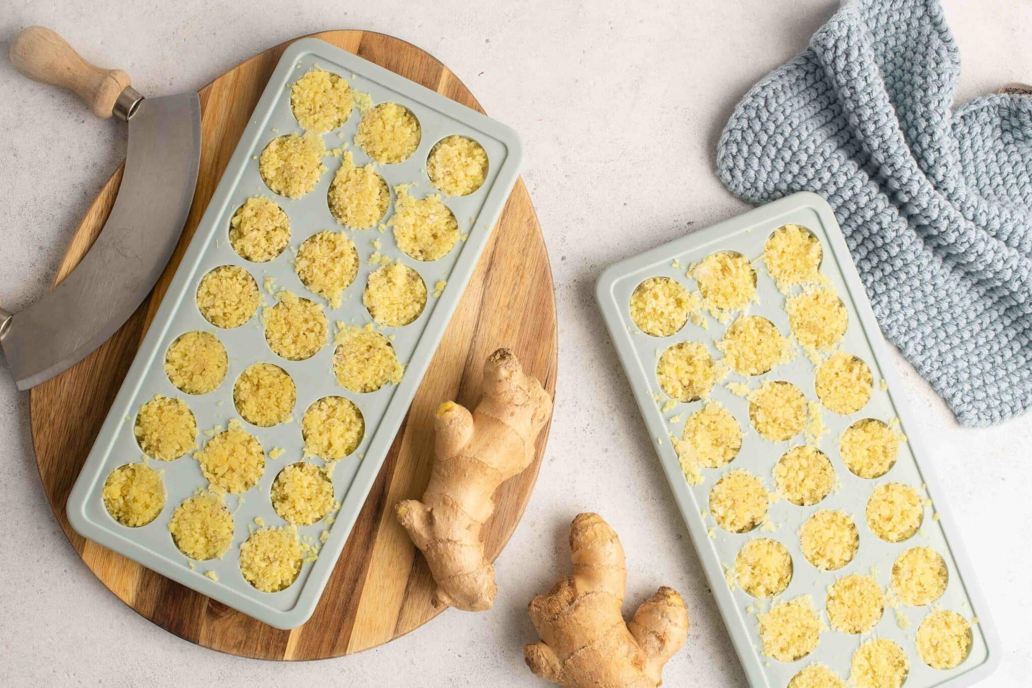 chopped ginger in silicone ice-cube trays
