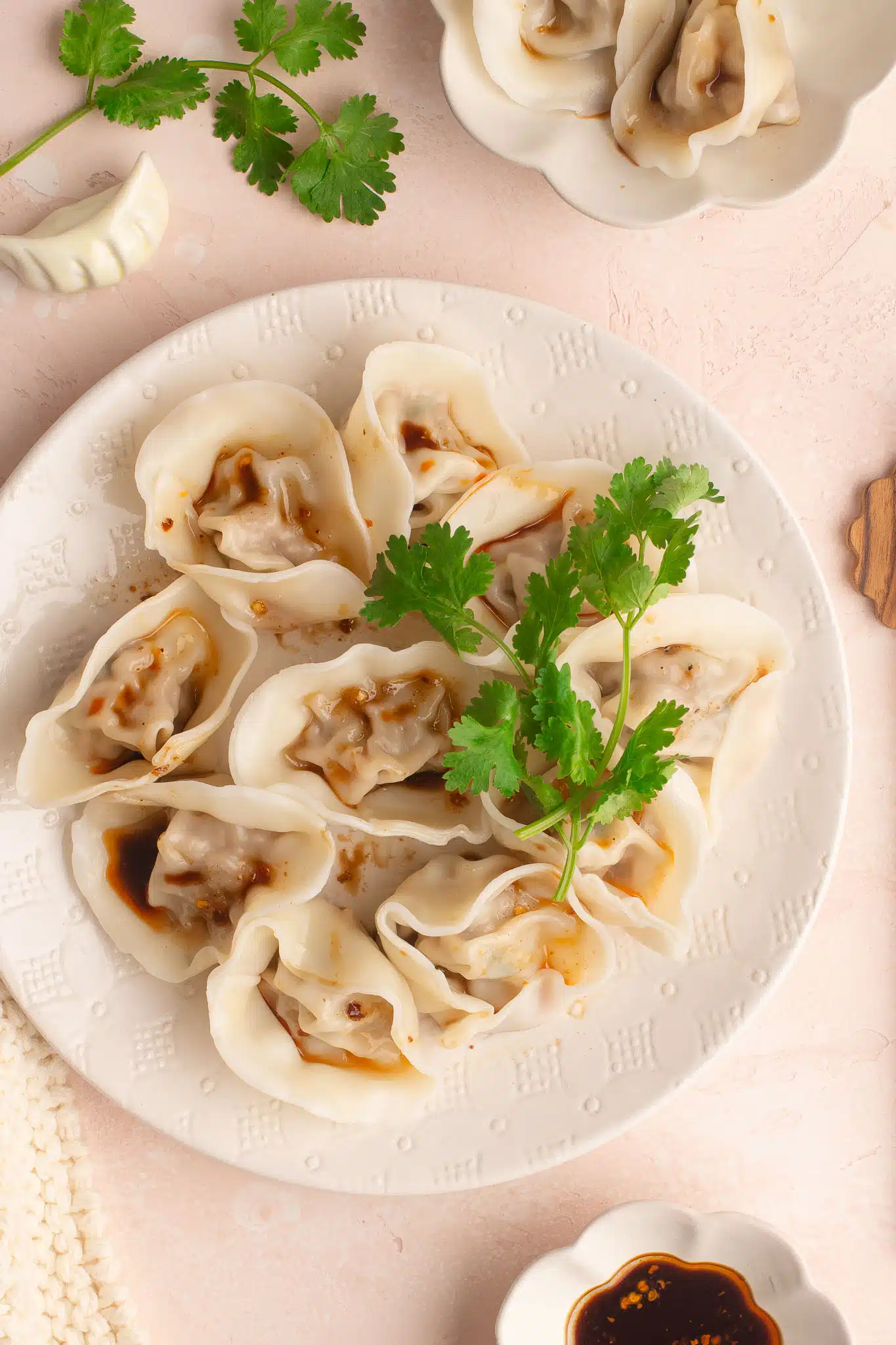 boiled chicken dumplings with coriander garnish