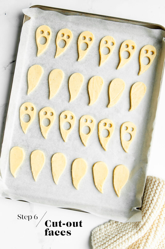 ghost linzer cookies about to go in the oven