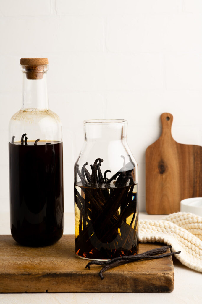 homemade vanilla extract in glass bottle