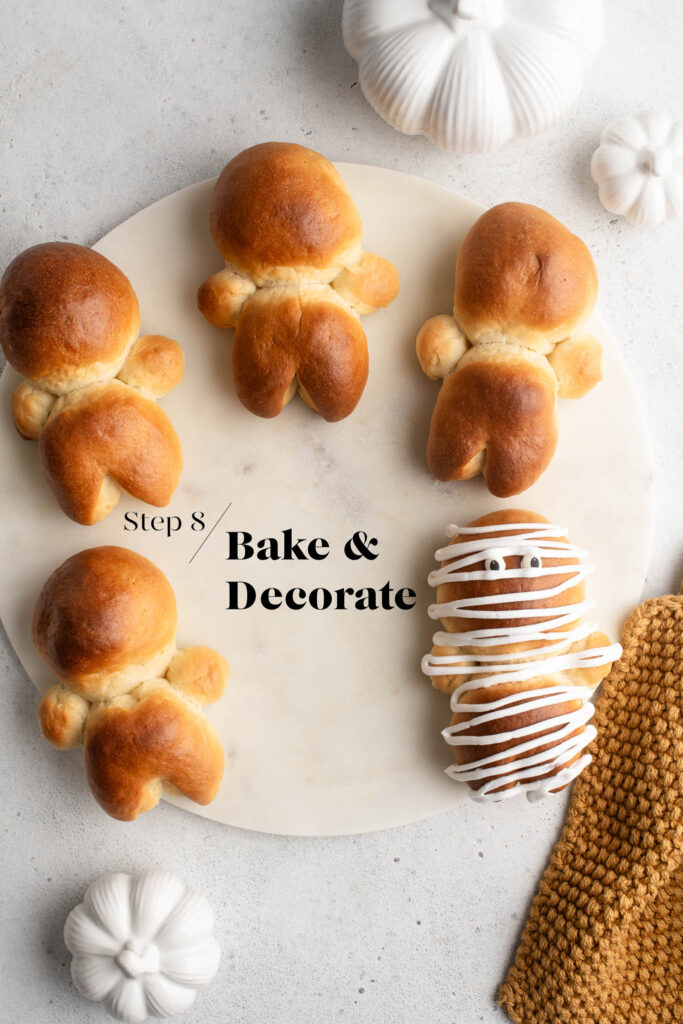 decorating halloween brioche mummies