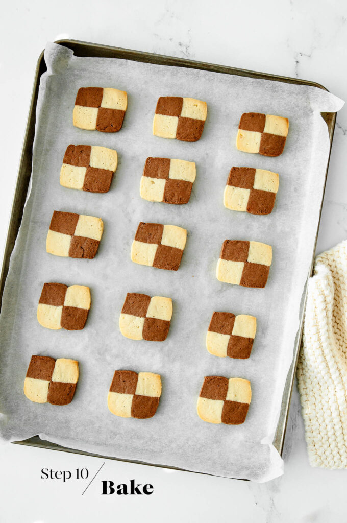 Baked checkerboard cookies on baking tray