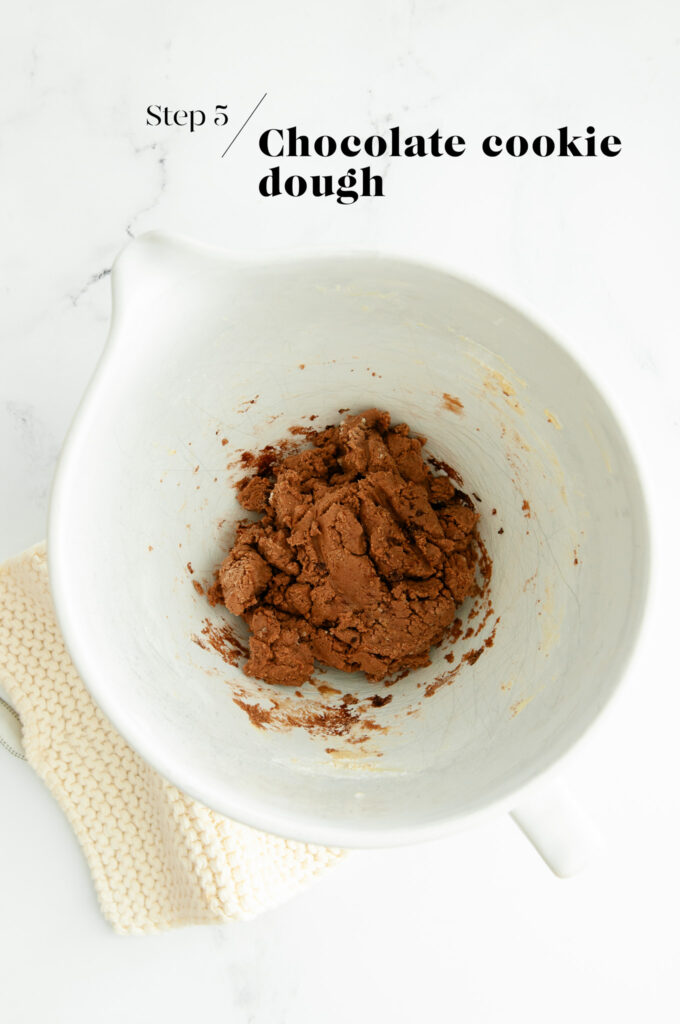 Chocolate cookie dough in mixing bowl