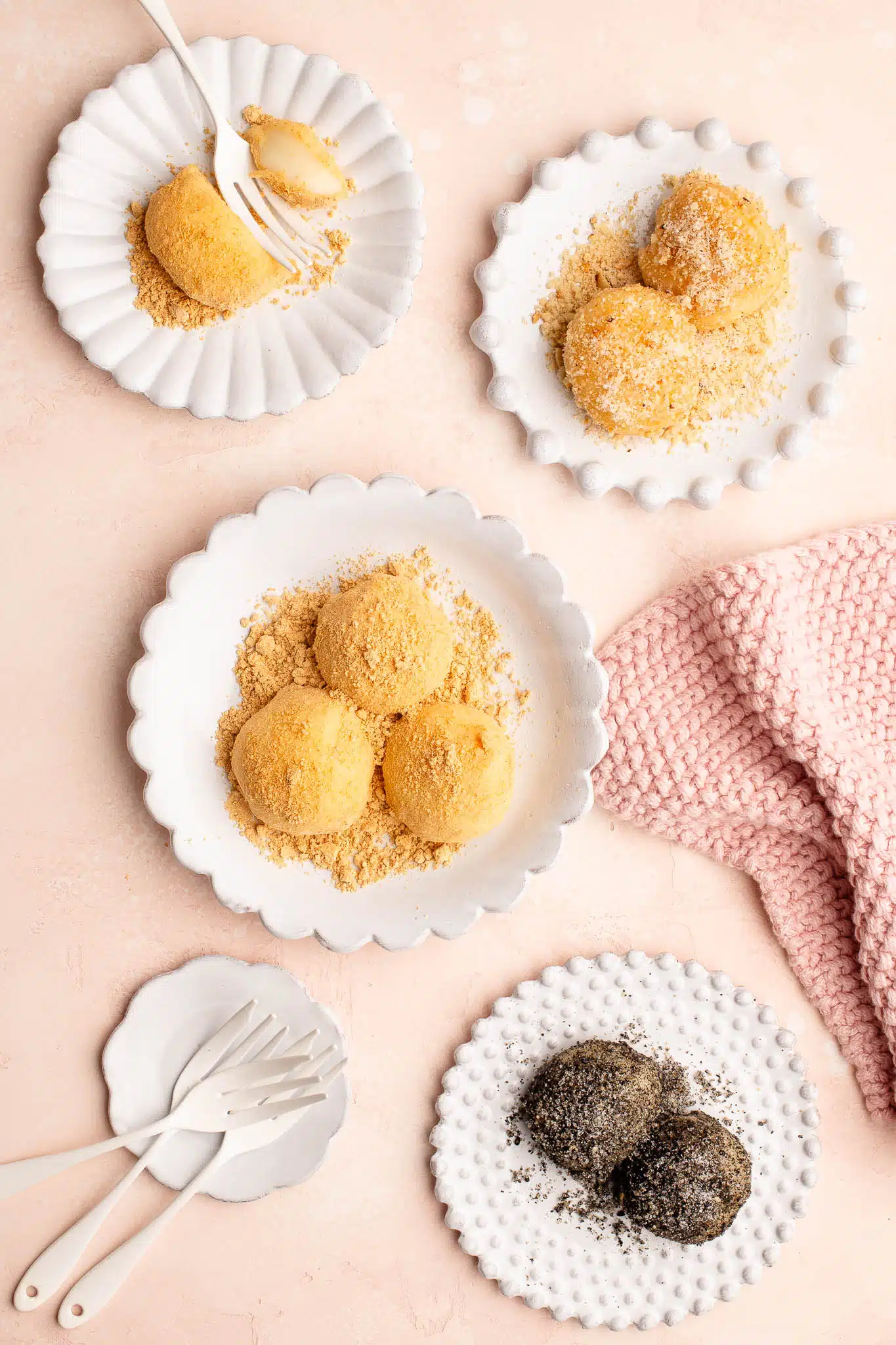 kinako mochi on white plates