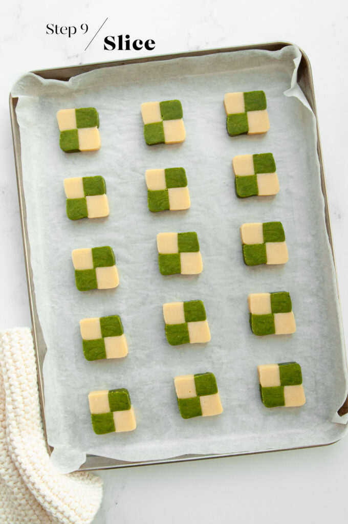 matcha checkerboard cookies on baking sheet before going into oven