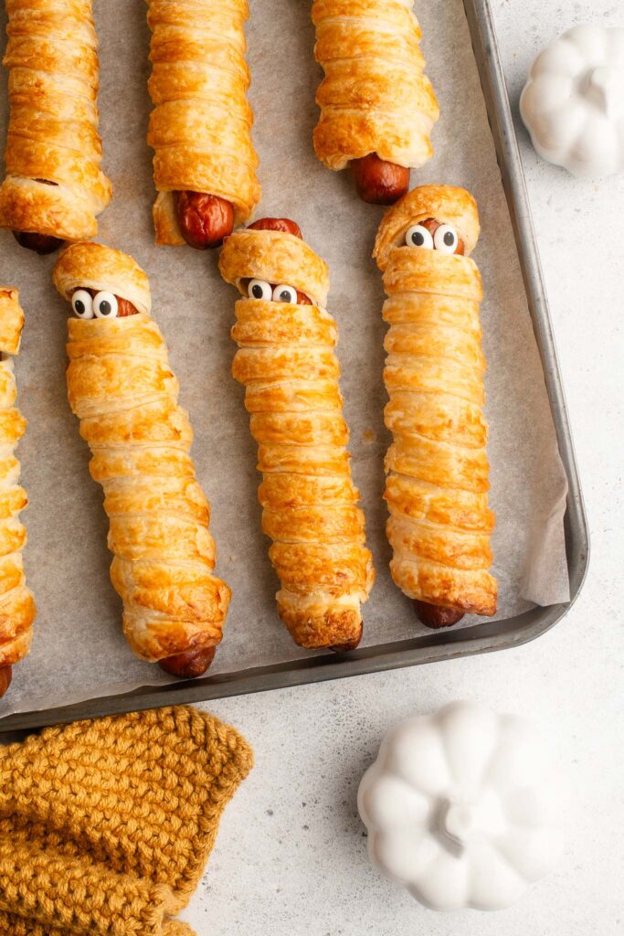 mummy hot dogs in puff pastry with candy eyes